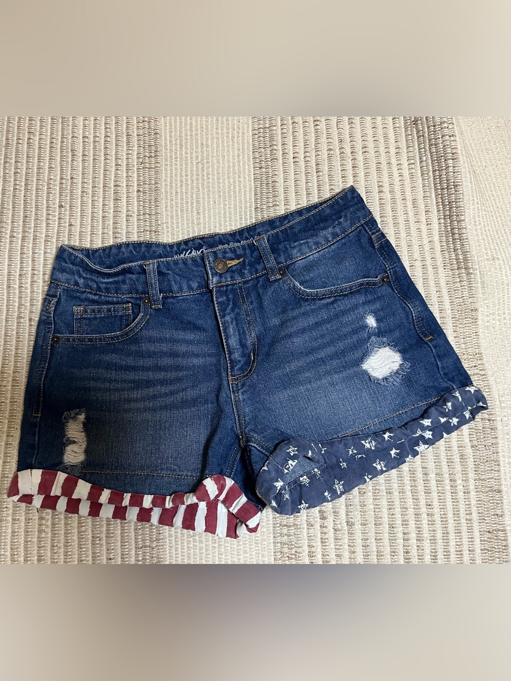 Mossimo Women's Dark Blue Distressed Denim Shorts with Flag-Print Cuffs